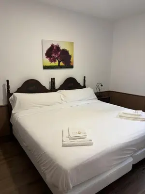 a large white bed with a white towel on it at Cabaña familiar in Celanova