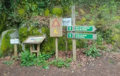 a group of street signs in front of a moss covered wall at Casa Diaz in Cea