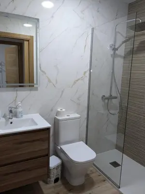 a bathroom with a shower and a toilet and a sink at Pensión Castineiras in Sarria