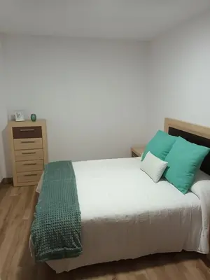 a bedroom with a white bed with green pillows at Él Rincón de los Sueños B in Vegadecabo