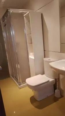 a bathroom with a shower and a toilet and a sink at 2 habitaciones piscina y garage privado in Viveiro
