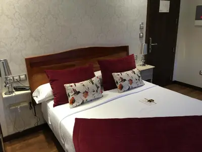 a bedroom with a large bed with red pillows at Hotel Calzada in Arcos