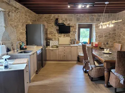 a kitchen with stone walls and a table with chairs at O Salgueiral Xove in Jove