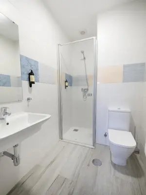 a bathroom with a shower and a toilet and a sink at Pensión Spa Cruceiro de Pedrouzo in O Pedrouzo
