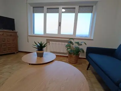 a living room with a blue couch and two potted plants at A Torre in Ribadeo