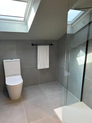 a bathroom with a toilet and a skylight at U-Hotel Aduana Ribadeo in Ribadeo