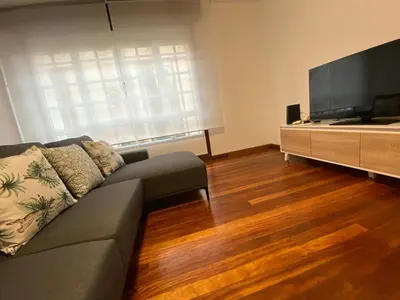 a living room with a couch and a flat screen tv at A dos Pasos in Caldas de Reis