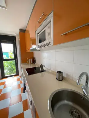 a kitchen with a sink and a microwave at Apartamento El Puerto in Puerto de Vega