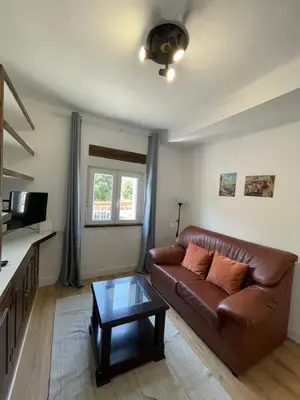 a living room with a brown leather couch and a table at Alojamientos El Bierzo in Ponferrada