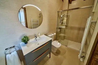 a bathroom with a sink and a mirror and a toilet at O Campiño Alojamientos Turísticos in Trasmiras