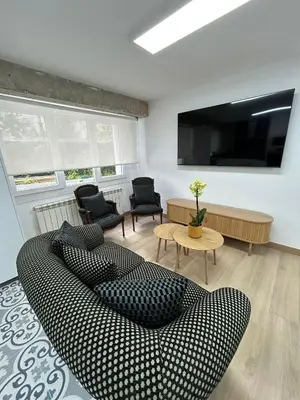 a living room with a couch and a tv at Apartamento Fernando III el Santo in Santiago de Compostela