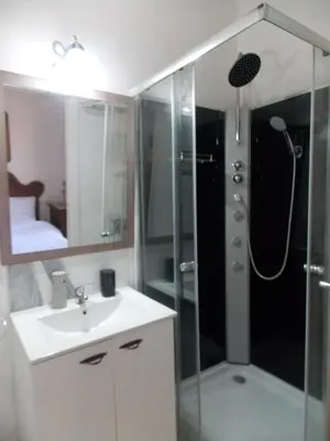 a bathroom with a shower and a sink and a mirror at Granja del Peregrino in O Pino