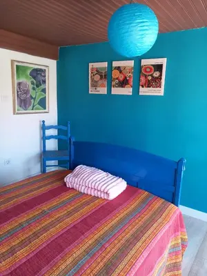 a blue bedroom with a bed and a blue wall at A casa da Touza in Pensos