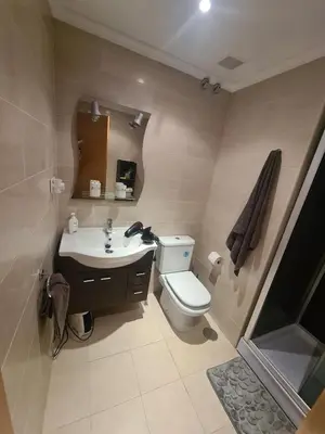 a bathroom with a toilet and a sink and a mirror at Apartment in Costa with Spa, Jacuzzi in San Miguel de Reinante