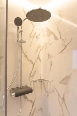 a shower with a shower head in a bathroom at Treixadura in Pincelo