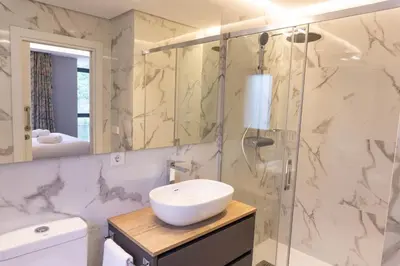 a bathroom with a sink and a shower at Treixadura in Pincelo