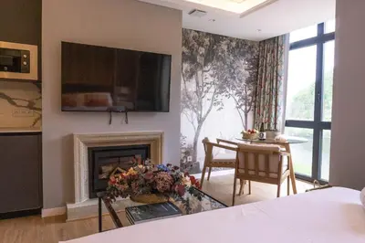 a living room with a fireplace and a table with chairs at Treixadura in Pincelo