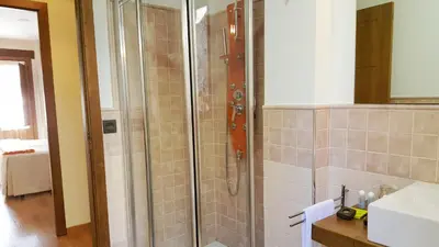 a bathroom with a shower and a sink at Camin de Muniellos apartamentos rurales in Cangas del Narcea