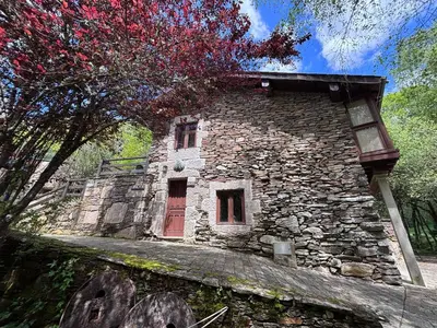 an old stone building with a red door and a tree at Couso Relax in Sarreaus