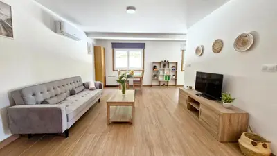 a living room with a couch and a tv at Apartamentos Pedras do Val in Mondariz