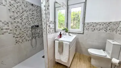 a bathroom with a sink and a toilet and a shower at Apartamentos Pedras do Val in Mondariz