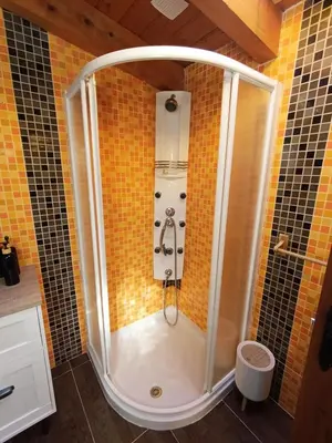 a shower in a tiled bathroom with a shower at Finca el Filandón in San Miguel de Arganza