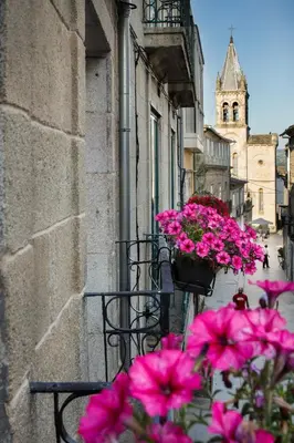 a bunch of pink flowers on a balcony of a building at Casa Baran in Sarria