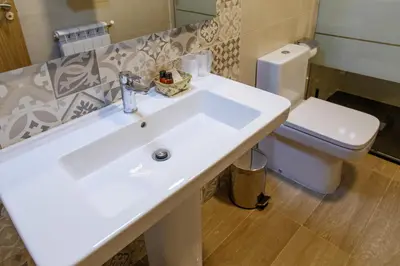 a bathroom with a white sink and a toilet at Casa Baran in Sarria