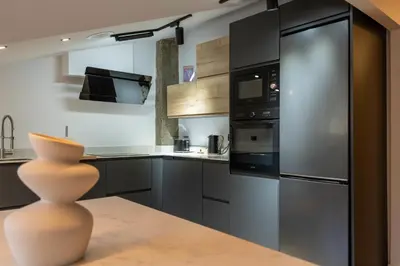a kitchen with stainless steel appliances and a vase on a table at APARTAMENTOS SARMIENTO - ÁTICO in Mondoñedo