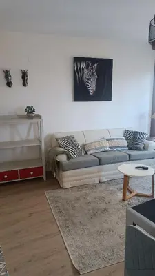 a living room with a couch and a zebra picture on the wall at Apartamento Galería Cine Colón in Ribadeo
