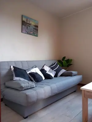 a couch with pillows on it in a living room at Casa do Carpinteiro in Brocos