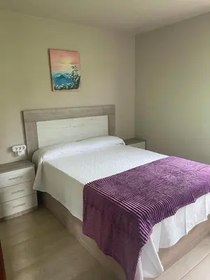 a bedroom with a bed with a purple blanket on it at Casa do Carpinteiro in Brocos