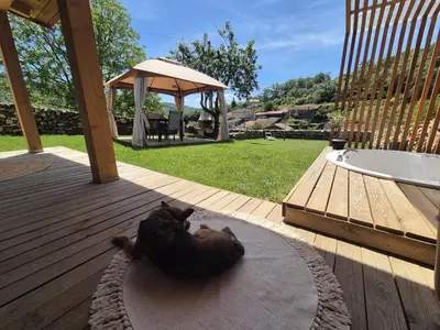 a cat laying on a rug on a deck at Palleira da Aira in Entrambosríos