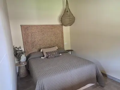 a bedroom with a bed with a large headboard at Palleira da Aira in Entrambosríos