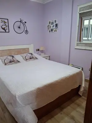 a bedroom with a bed and a bicycle on the wall at El hogar de 2 y 4 patas in Silleda