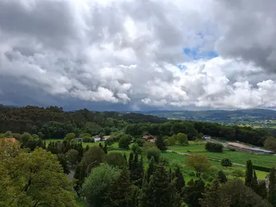 an overhead view of a field with trees and clouds at El hogar de 2 y 4 patas in Silleda