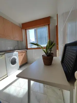 a kitchen with a table with a plant on it at Apartamento centro de Sada in Sada