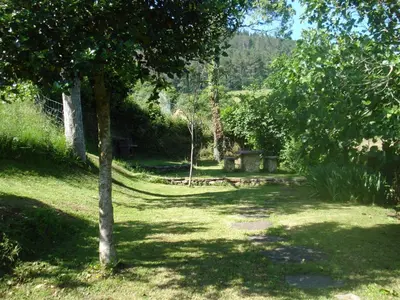 a garden with a tree and a bench in the shade at Casa de Aldea Vache in Naraval