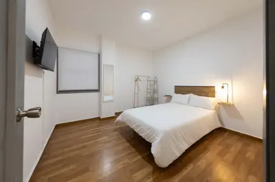 a bedroom with a white bed and a flat screen tv at Habitación en Apartamento Teo in Santiago de Compostela