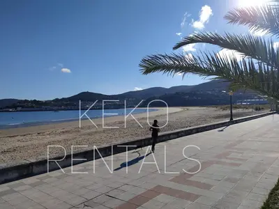 a person standing on a beach next to a palm tree at Con Encanto en la Playa in Viveiro