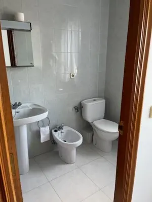 a white bathroom with a toilet and a sink at Hostal Delfino in Bardaos