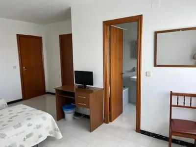 a bedroom with a bed and a desk with a computer on it at Hostal Delfino in Bardaos