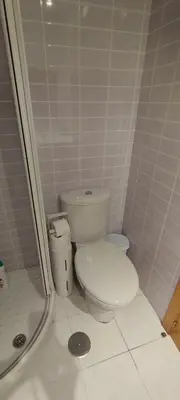 a white bathroom with a toilet and a shower at Piso Altos de Foz in Foz