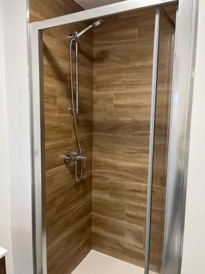 a shower with a wooden wall in a bathroom at Vistas del Parque in Santiago de Compostela