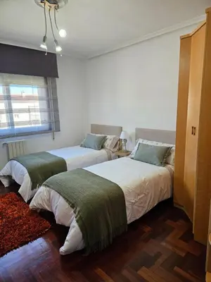 a bedroom with a bed and a desk and a rug at EL Descanso in Ourense