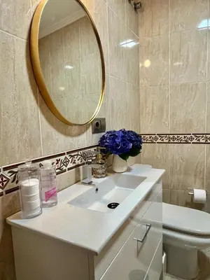a bathroom with a sink and a mirror and a toilet at Ático las Palmeras in Caldas de Reis