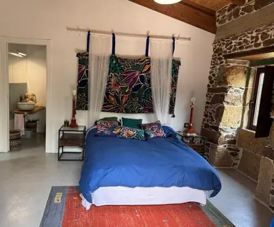 a bedroom with a large bed with blue sheets and pillows at Casa Vella do Nanín in Faramontaos