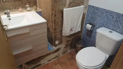 a bathroom with a white toilet and a sink at Casa Diaz in Cea