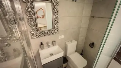 a bathroom with a toilet and a sink and a mirror at Casa de Conxo in Santiago de Compostela