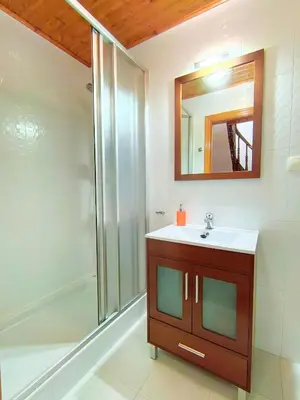 a bathroom with a sink and a shower at Casa das Mariñas in Viveiro